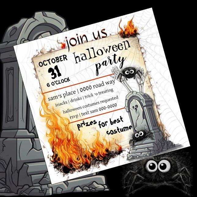 Invitation Araignées | Tombstone | Parti Halloween (Cute spider and tombstone Halloween party invitations you customize. )