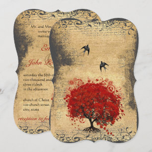 Invitation Arbre à feuilles de cœur rouge Mariage Oiseaux Vin