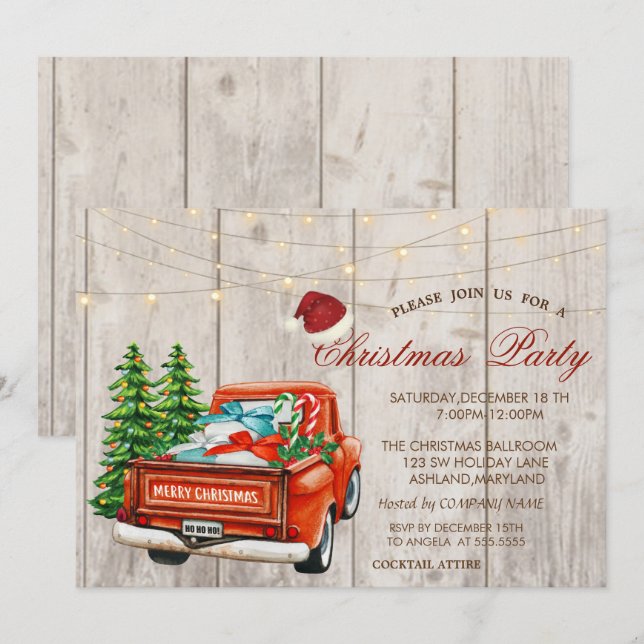 Invitation Arbre à pin de camion rouge, Fête de Noël en bois  (Devant / Derrière)
