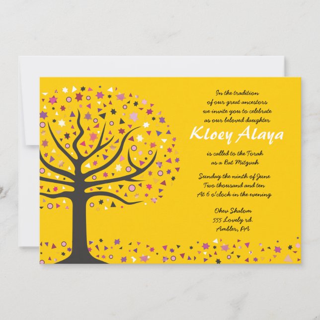 Invitation Arbre abrégé de vie Bat mitzvah de l'or d'invitati (Devant)