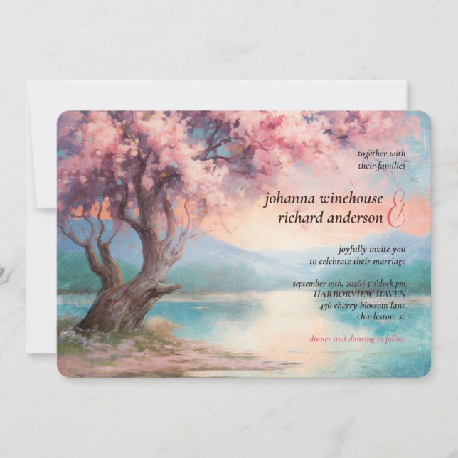 Invitation Arbre cerise en fleurs près du lac Mariage (Devant)