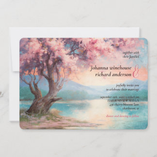 Invitation Arbre cerise en fleurs près du lac Mariage
