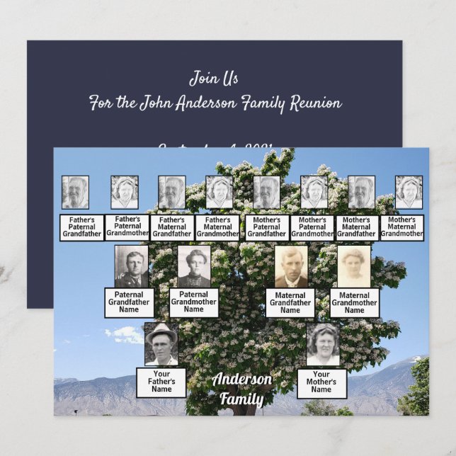 Invitation Arbre de 3 générations de réunion familiale avec f (Devant / Derrière)