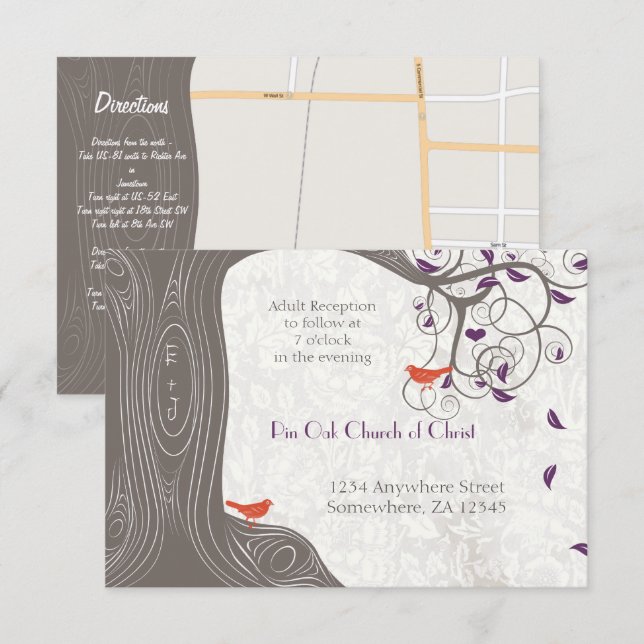 Invitation Arbre de Driftwood Tangerine Birds Purple Leaf Mar (Devant / Derrière)