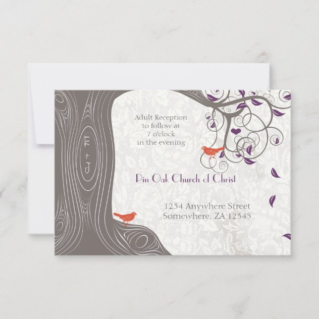 Invitation Arbre de Driftwood Tangerine Birds Purple Leaf Mar (Devant)