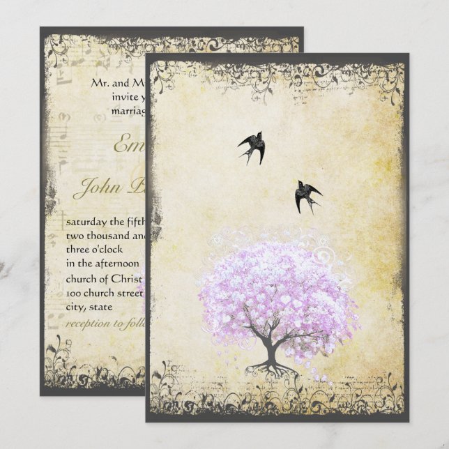 Invitation Arbre de Lavande à Feuilles de Cœur Mariage Oiseau (Devant / Derrière)