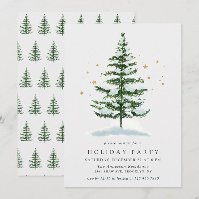 Invitation Arbre de Noël à l'aquarelle Fête de Noël (Devant / Derrière)