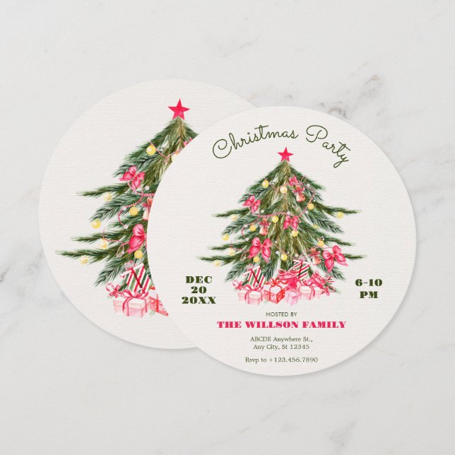 Invitation Arbre de Noël avec arc rose et cadeaux (Devant / Derrière)