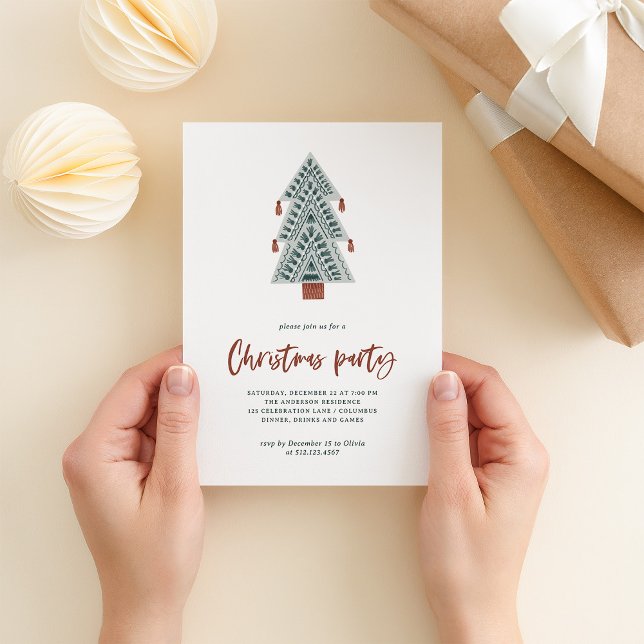 Invitation Arbre de Noël Boho | Noël (A fun and trendy Christmas party invitation with a boho Christmas tree and casual terracotta script)