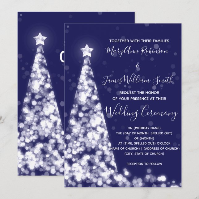 Invitation Arbre de Noël élégant argent et marine Mariage de  (Devant / Derrière)