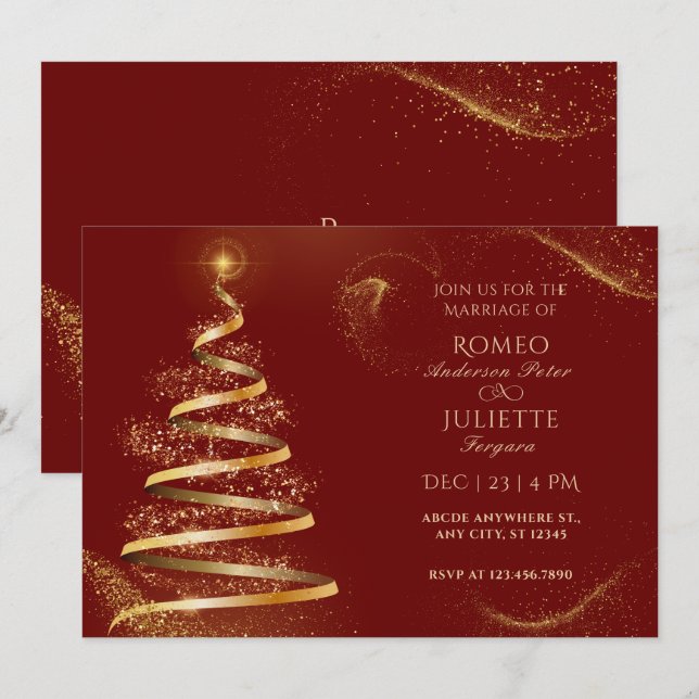 Invitation Arbre de Noël élégant rouge doré pour mariage (Devant / Derrière)