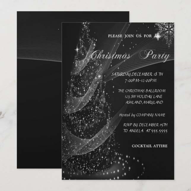 Invitation Arbre de Noël en argent, fête de Noël d'entreprise (Devant / Derrière)