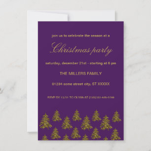Invitation Arbre de Noël en or brillant à Noël violet