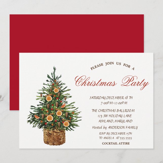 Invitation Arbre de Noël, Fête de Noël Rouge (Devant / Derrière)