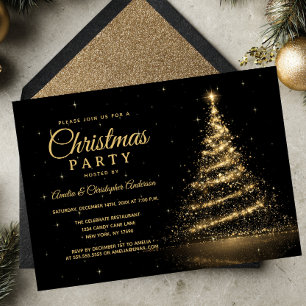 Invitation Arbre de Noël lumineux à paillettes dorées pour la