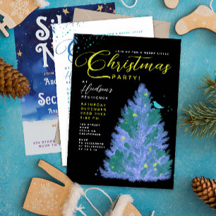 Invitation Arbre de Noël Moderne Noir et Bleu pour une Soirée