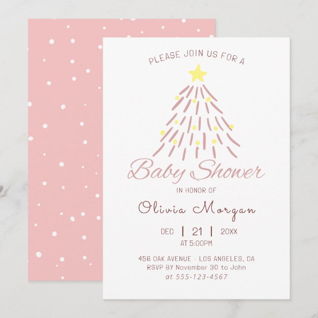 Invitation Arbre de Noël rose Baby shower d'hiver fille (Devant / Derrière)