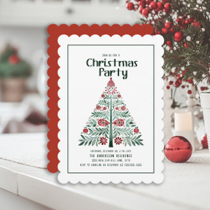 Invitation Arbre de Noël vert rouge festonné pour la fête de 