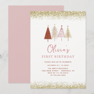 Invitation Arbre de Noël Wonderland Girl 1er anniversaire