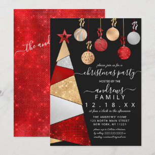 Invitation Arbre de Parties scintillant en argent rouge Noël