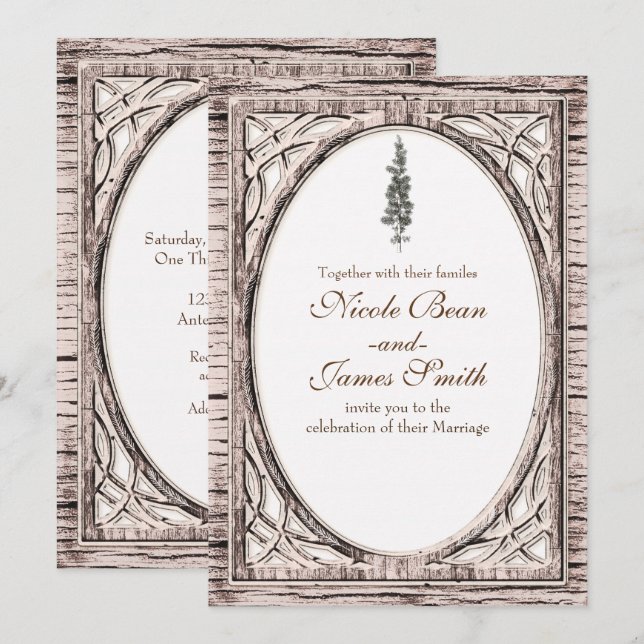 Invitation Arbre de pin rustique et mariage d'hiver en bois b (Devant / Derrière)