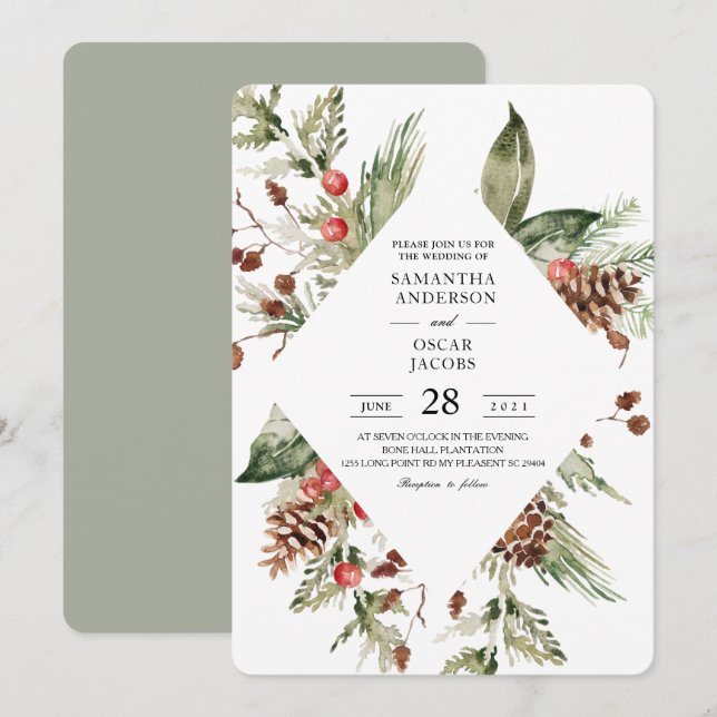 Invitation Arbre de pin vert d'hiver à l'aquarelle et pomme d (Devant / Derrière)