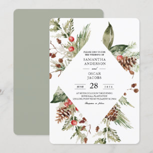 Invitation Arbre de pin vert d'hiver à l'aquarelle et pomme d
