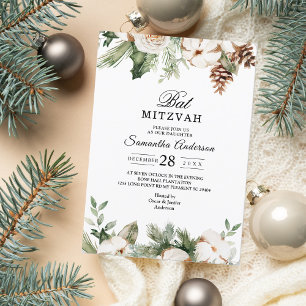 Invitation Arbre de pin vert d'hiver à l'aquarelle & fleurs b