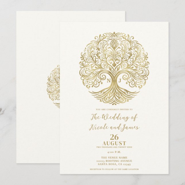 Invitation Arbre de vie Cream & Gold Celtic Mariage (Devant / Derrière)