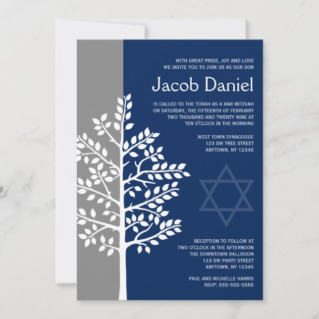 Invitation Arbre de vie de la marine gris Barre Mitzvah Invit (Devant)