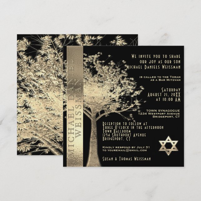 Invitation Arbre de vie Gold et Black Bar Mitzvah (Devant / Derrière)