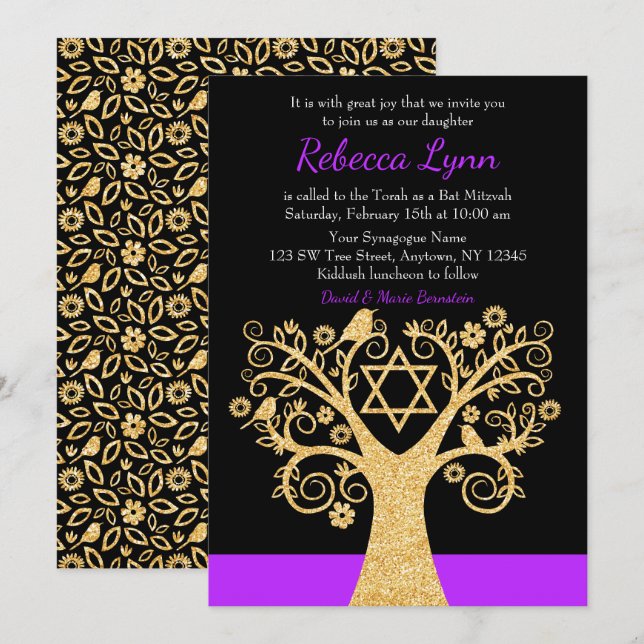 Invitation Arbre des oiseaux vivants Bat mitzvah d'or pourpre (Devant / Derrière)