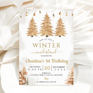 Invitation Arbre d'or Hiver Onederland Noël Anniversaire