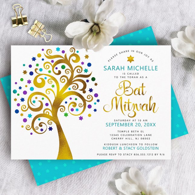 Invitation Arbre d'or Turquoise bat mitzvah moderne (Créateur téléchargé)