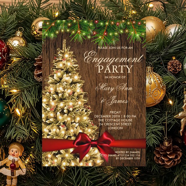 Invitation Arbre et ruban de la fête de Noël rustique (Rustic Christmas Engagement Party Tree & Ribbon Invitation)