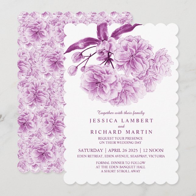 Invitation Arbre fleurir aquarelle dusky violet mariage (Devant / Derrière)