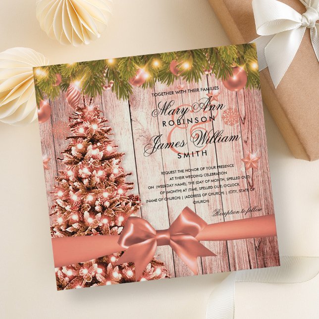 Invitation Arbre, lumières et ruban Mariage de Noël en or ros (Rose Gold Christmas Wedding Tree, Lights & Ribbon Invitation)