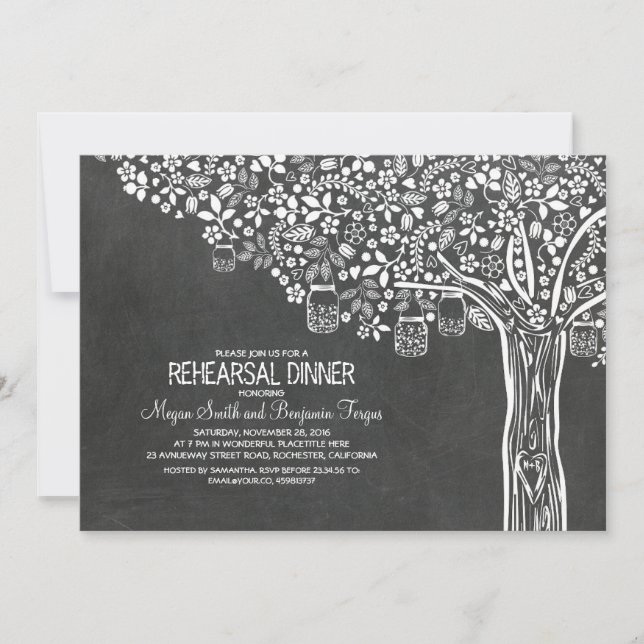 Invitation Arbre Mason Jar Lights Chalkboard Rehearer Dîner (Devant)