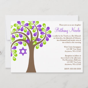 Invitation Arbre moderne de vie Bat mitzvah vert pourpre