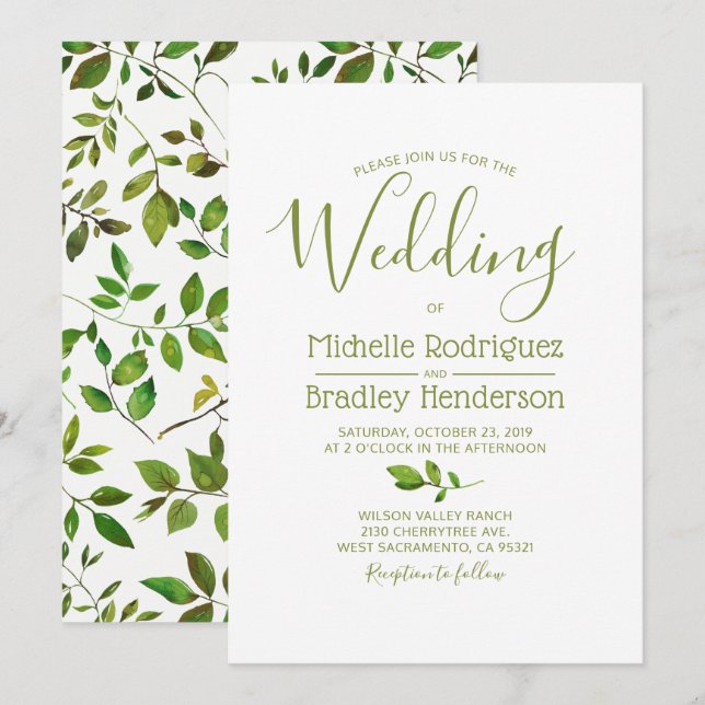 Invitation Arbre moderne vert aquarelle Mariage de feuillage (Devant / Derrière)