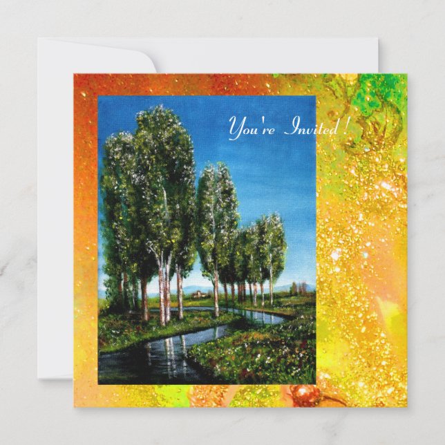 Invitation ARBRES À FEUILLES TOSCANE, jaune vert or scintille (Devant)