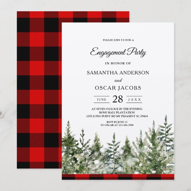 Invitation Arbres de pin aquarelle Kraft & carreaux de bison  (Devant / Derrière)