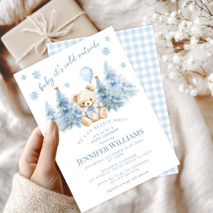 Invitation Arbres d'hiver bleu or Teddy ours bébé garçon douc