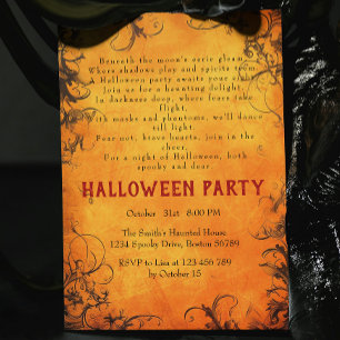 Invitation Arbres sombres Orange Poème Halloween Party