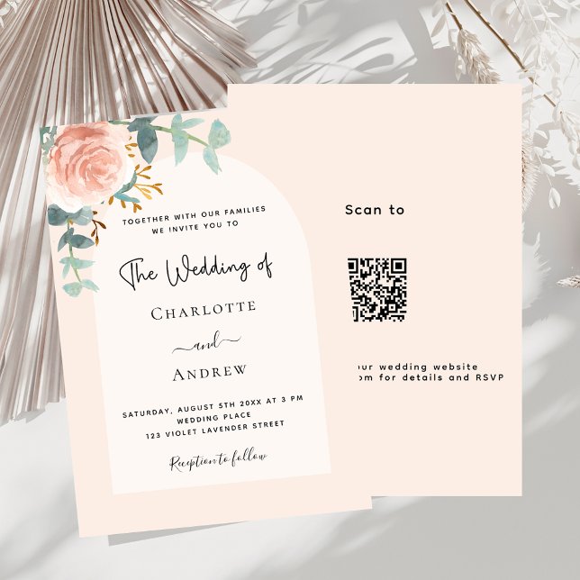 Invitation Arc à rougeur rose floral code QR mariage RSVP (Créateur téléchargé)