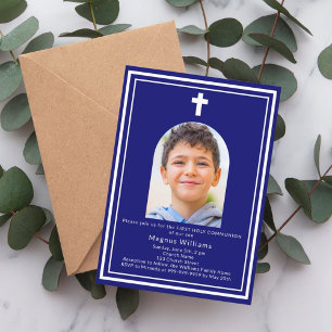 Invitation Arc bleu marine photo garçon Première communion