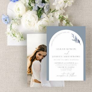 Invitation Arc Bleu Moderne Dusty Mariage Photo Botanique Inv