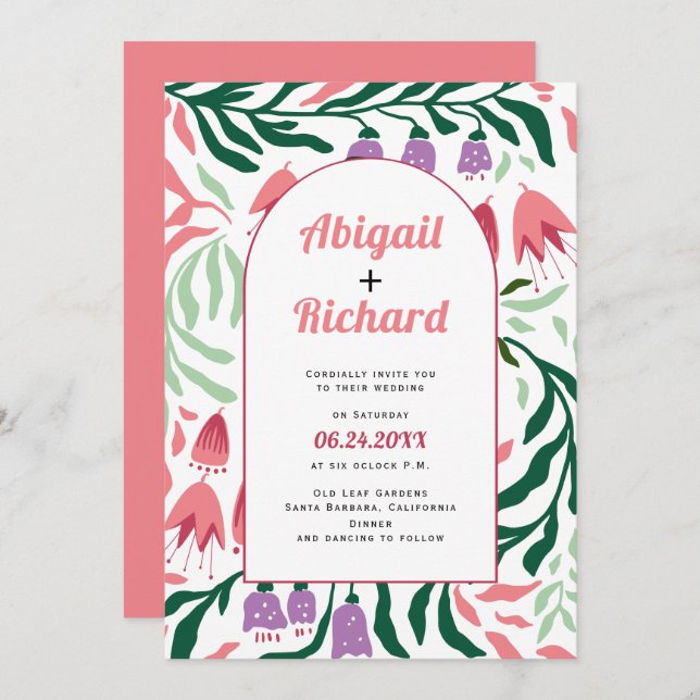 Invitation Arc Boho avec branches rétro et fleurs mariage (Devant / Derrière)