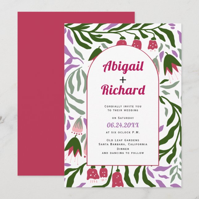 Invitation Arc Boho branches rétro et fleurs mariage (Devant / Derrière)