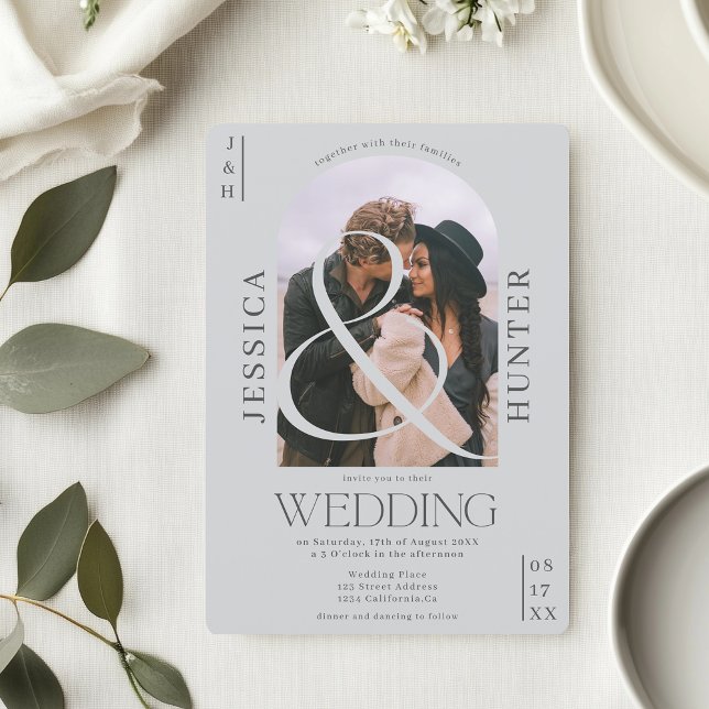 Invitation Arc boho moderne 2 photos gris clair mariage (Modern boho arch 2 photos light gray wedding invitation)